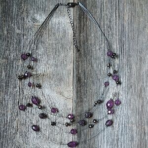 Purple and Gun Metal Silver Beaded 5 Strand Necklace